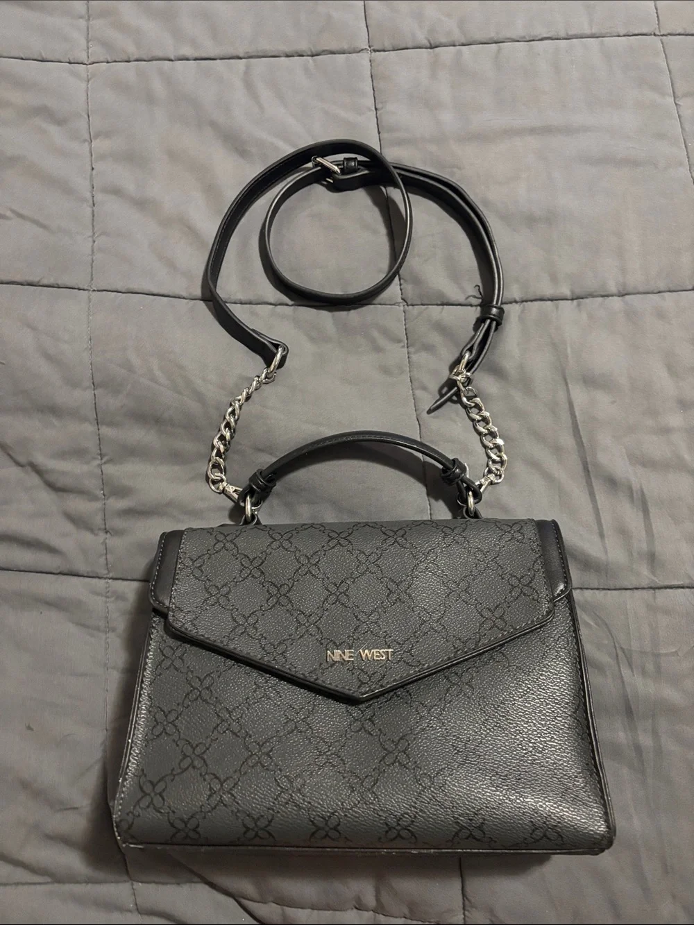 Nine West Black Textured Logo Satchel with Chain Strap